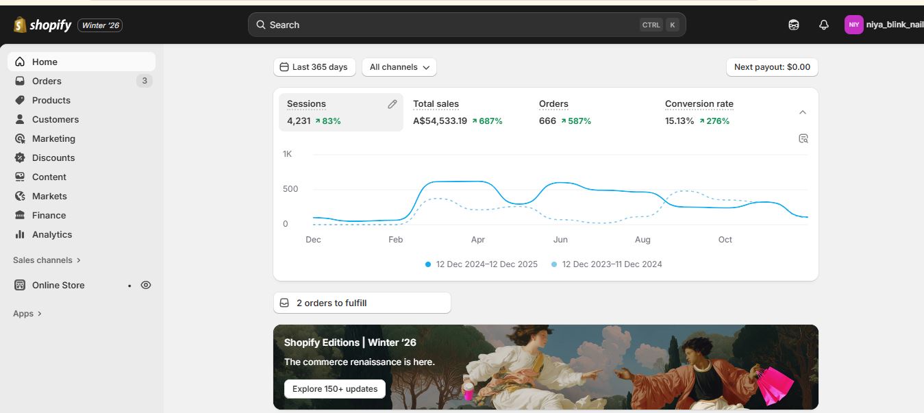 niya_blink_nails Shopify dashboard showing 54,533 Australian dollars in sales, 666 orders and 15.13 percent conversion rate over the last year